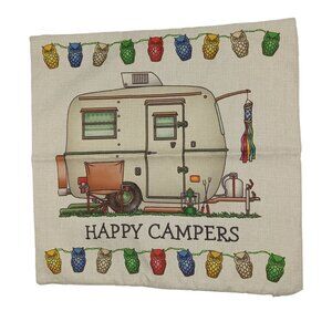 Vintage Camper "Happy Campers" Pillow Cover  Cotton Linen
